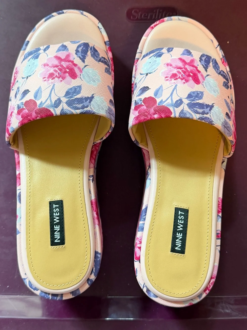 Nine West Pink Floral Platform Slide Sandals with Blue Accents